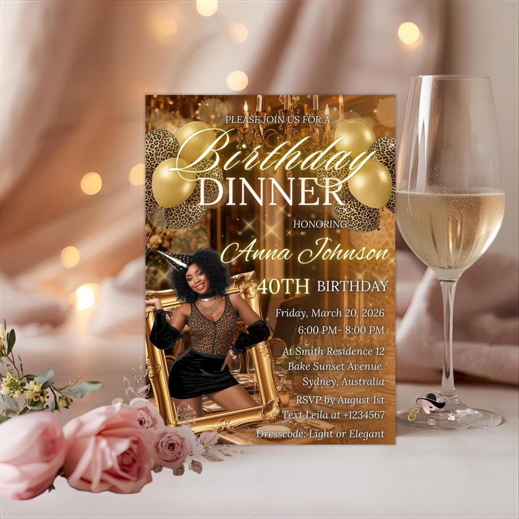 Leopard Birthday Dinner Invitation, Cheetah Brunch Party Invite with photo, Woman Retirement Party, Elegant Adult Animal Print Template