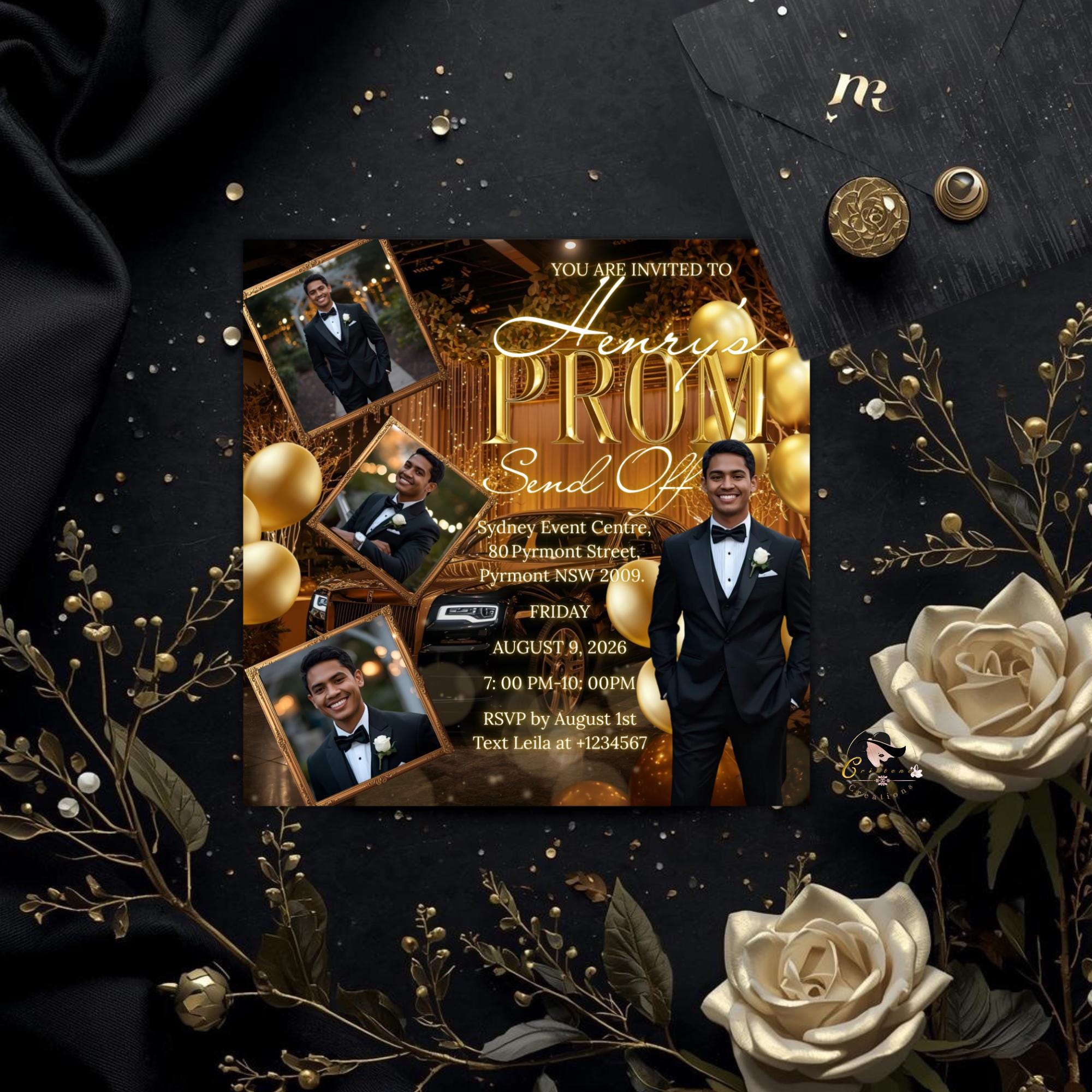 Black gold Prom Send Off Party Invitation, Men Prom Night with photo invite, Editable Senior Ball and Junior Prom Hollywood Theme Template