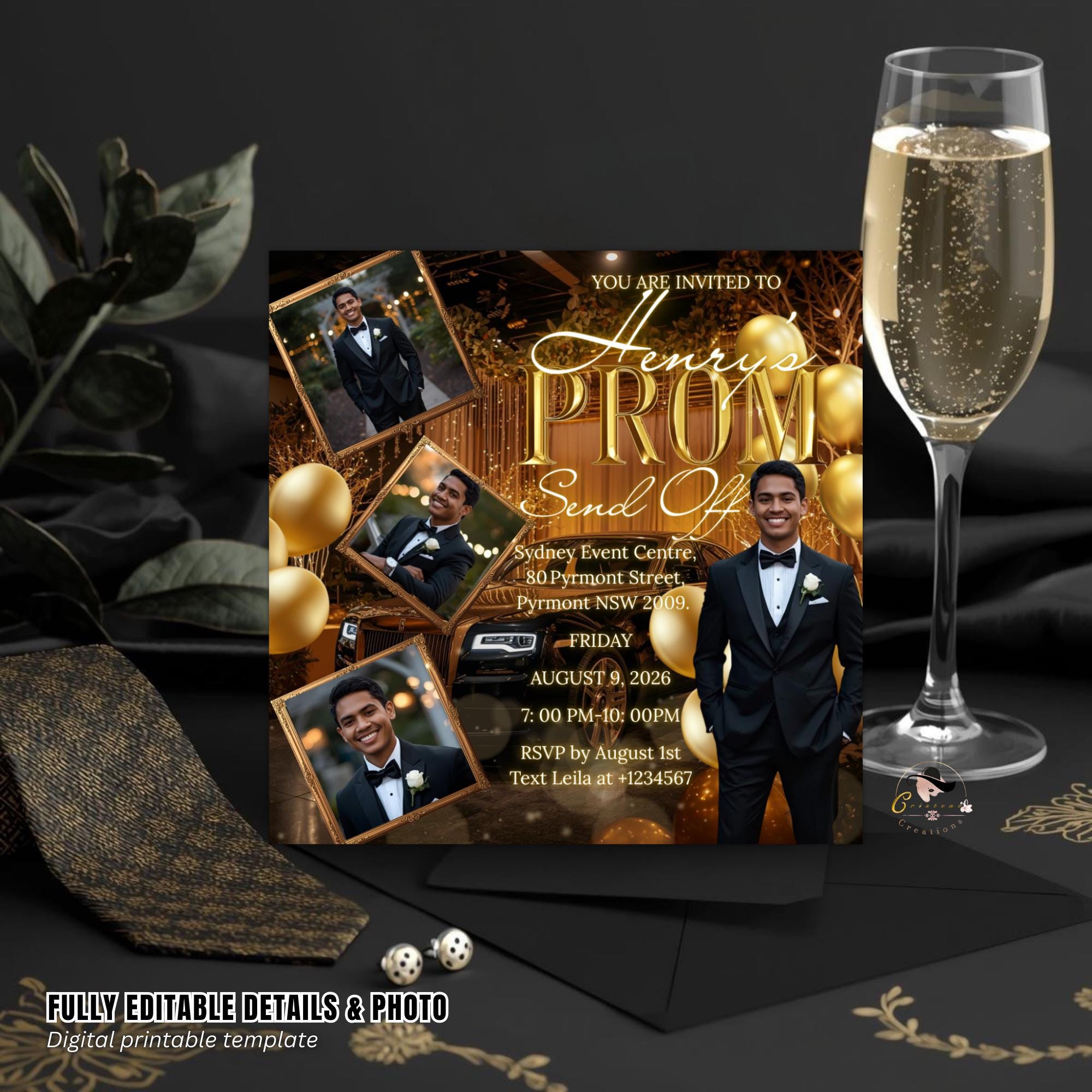 Black gold Prom Send Off Party Invitation, Men Prom Night with photo invite, Editable Senior Ball and Junior Prom Hollywood Theme Template