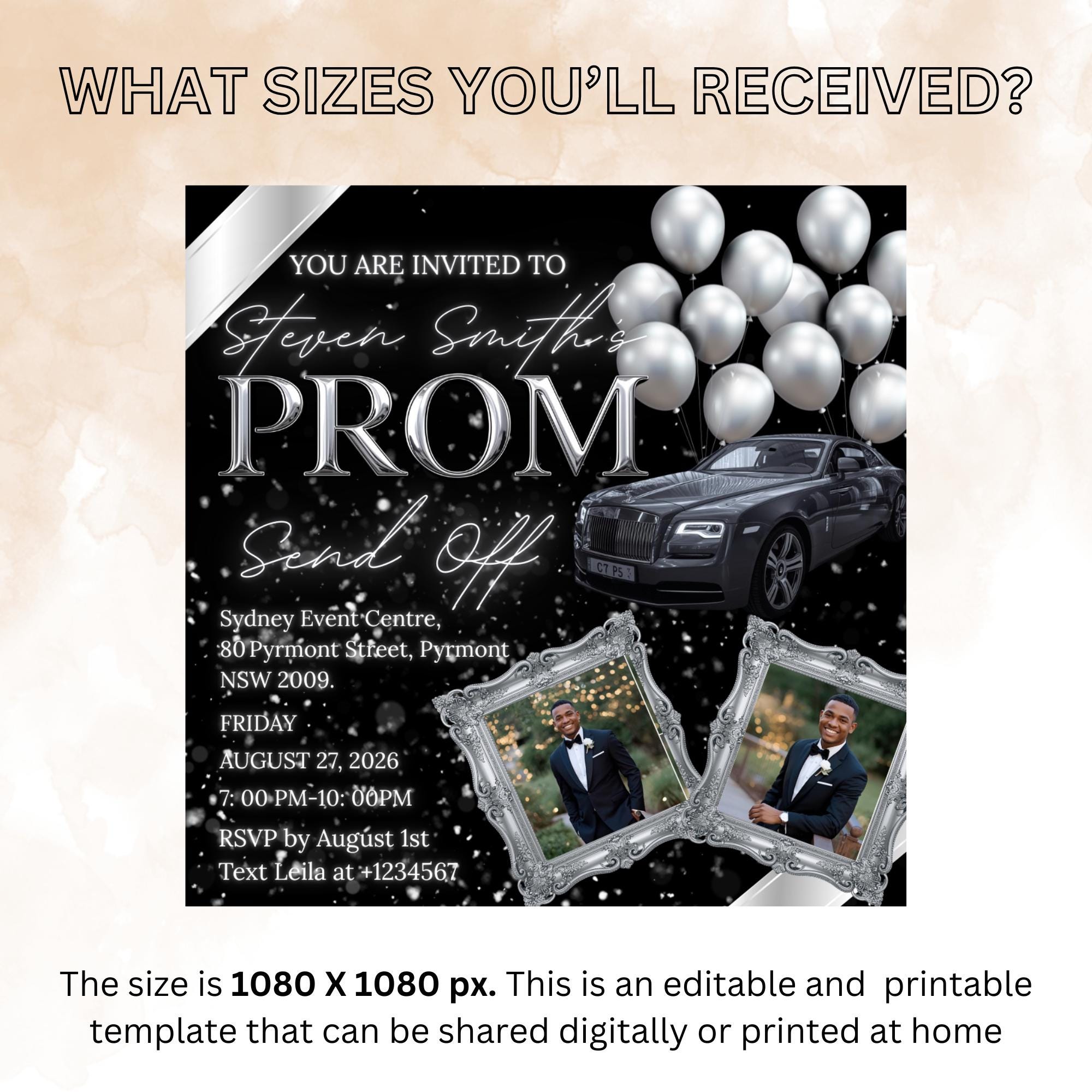 Black Silver Prom Send Off Invitation, Men Prom Night with photo invite, Editable Senior Ball Party and Junior Prom Hollywood Flyer Template