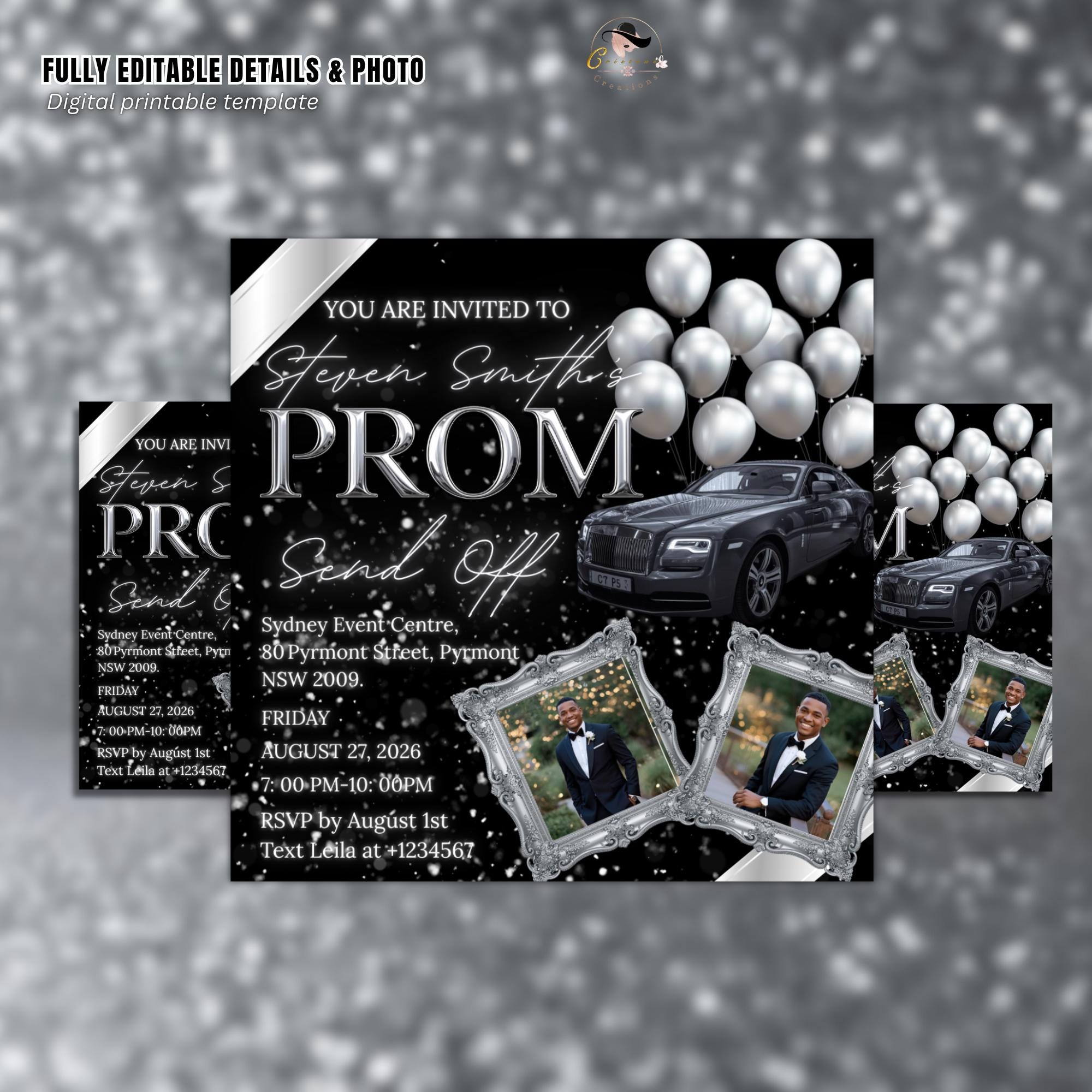 Black Silver Prom Send Off Invitation, Men Prom Night with photo invite, Editable Senior Ball Party and Junior Prom Hollywood Flyer Template