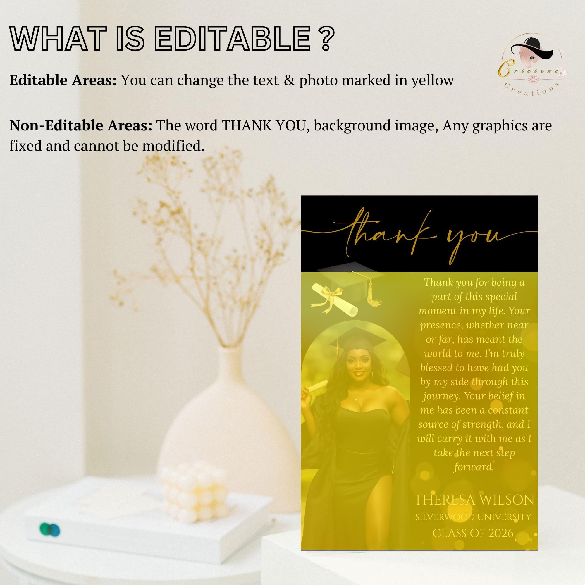 Graduation Thank You Card with photo, Black gold Senior Grad Party Thank you note, Elegant Thank Card for Graduates Printable Template