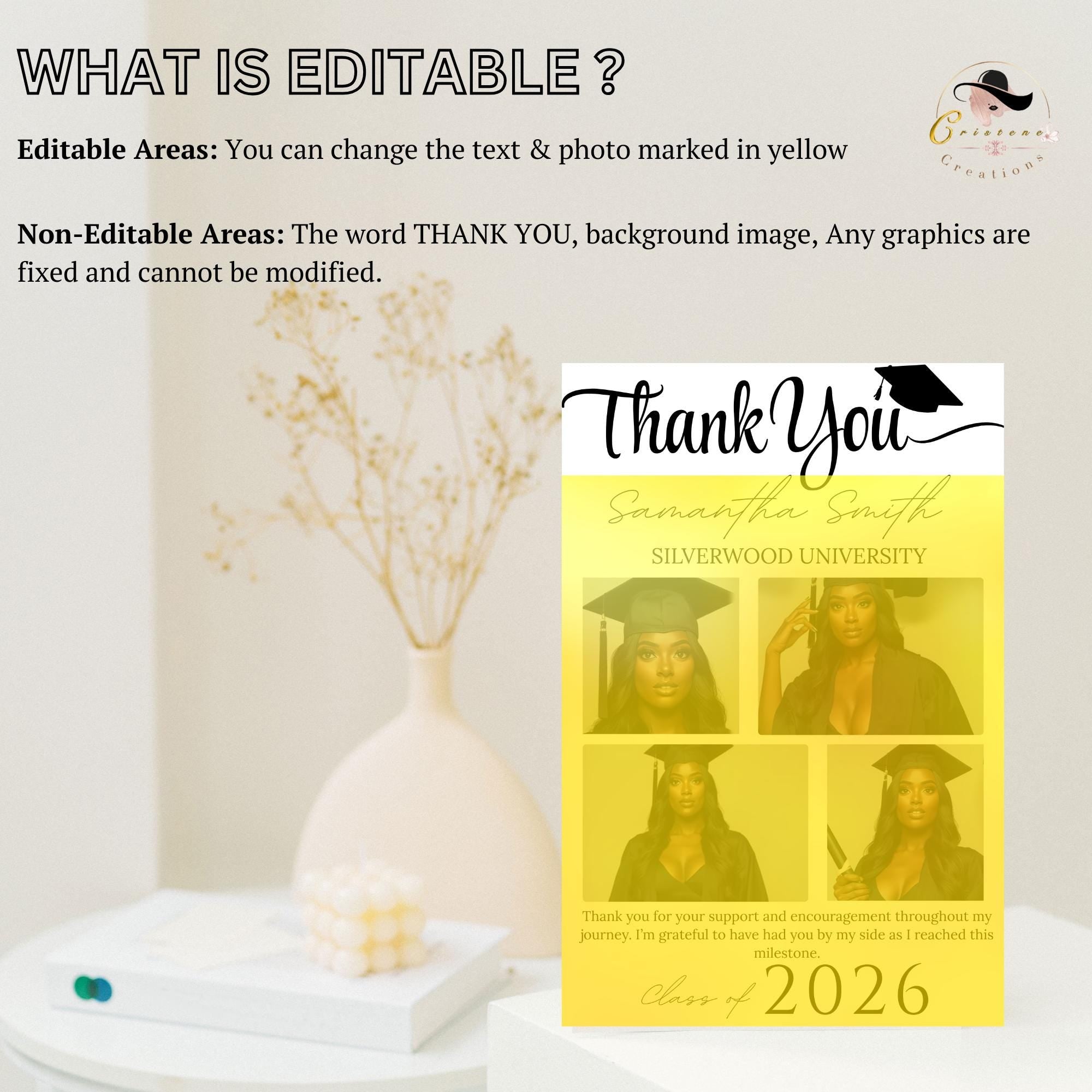 Editable Graduation Thank You Card with photo, Senior Grad Party Thank you note, Elegant Thank You Cards for Graduates Printable Template
