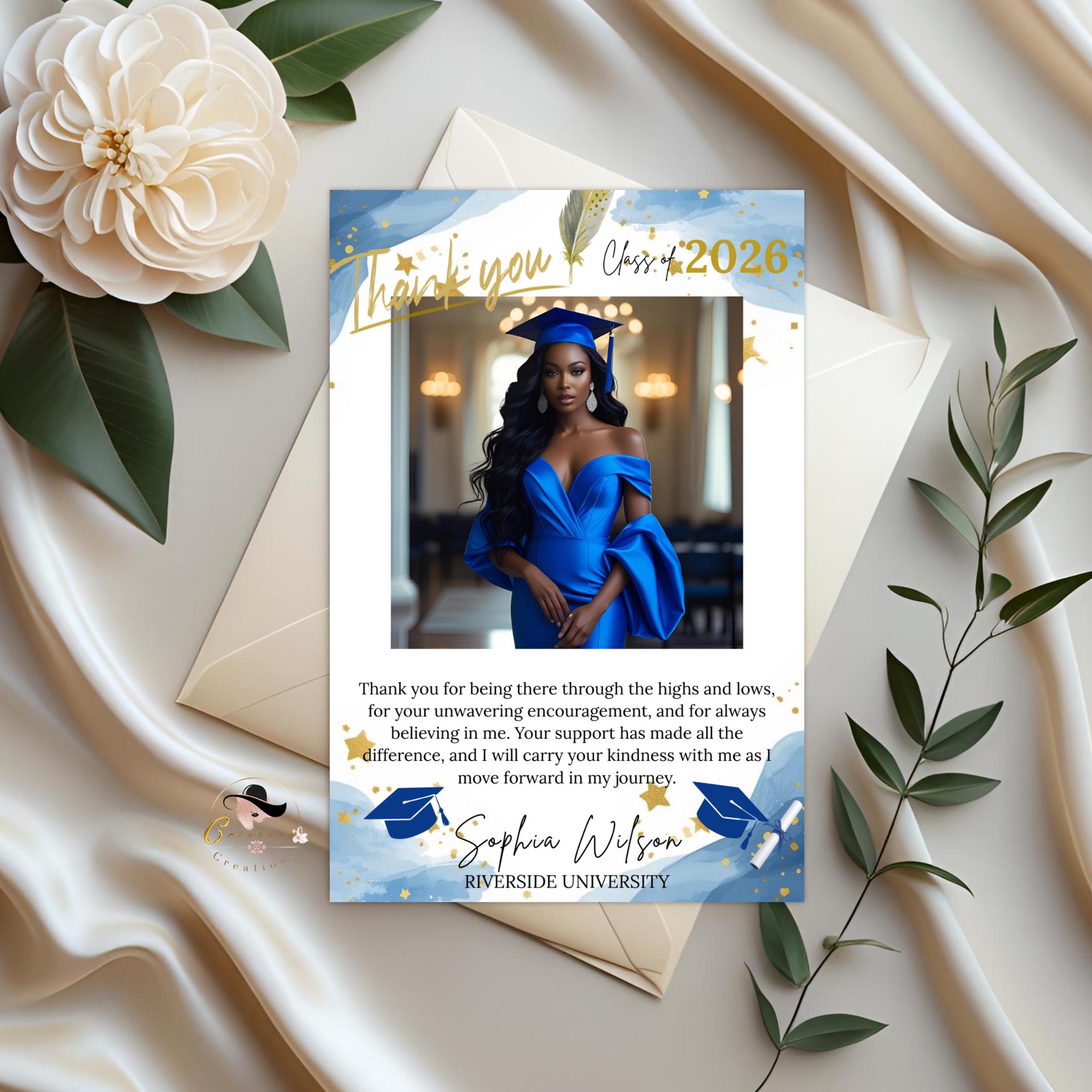 Graduation Thank You Card with photo, Senior Grad Party Thank you note, University College Thank You Cards for Graduates Printable Template