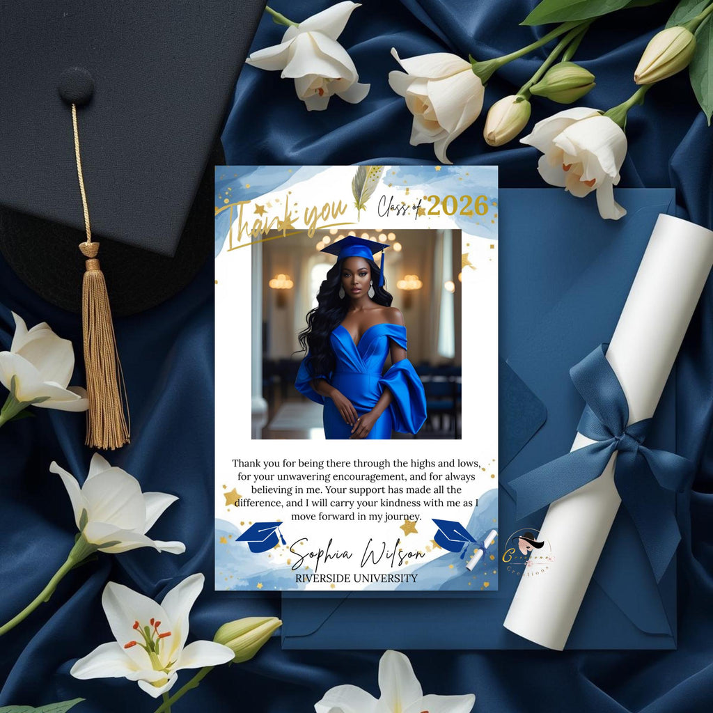 Graduation Thank You Card with photo, Senior Grad Party Thank you note, University College Thank You Cards for Graduates Printable Template