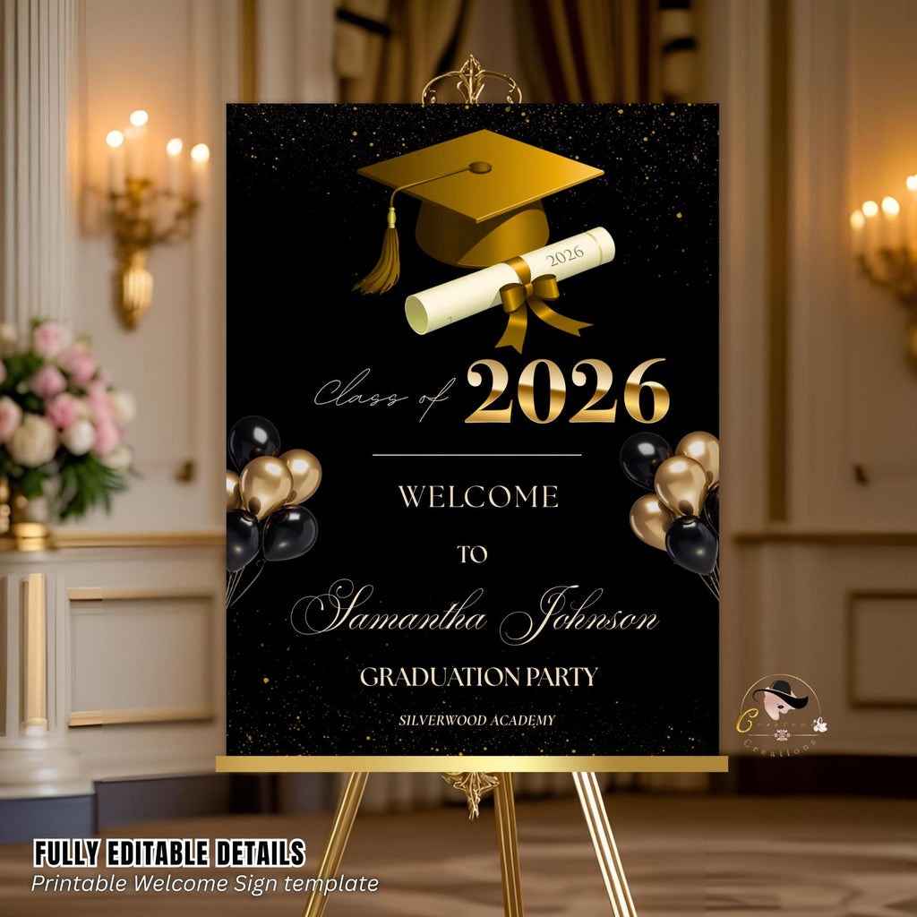 Black Gold Graduation Welcome Party Sign, Woman Graduates Poster Sign, Class 2026 Men Senior Commencement Announcement Entry Sign Template