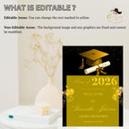 Black Gold Graduation Welcome Party Sign, Woman Graduates Poster Sign, Class 2026 Men Senior Commencement Announcement Entry Sign Template
