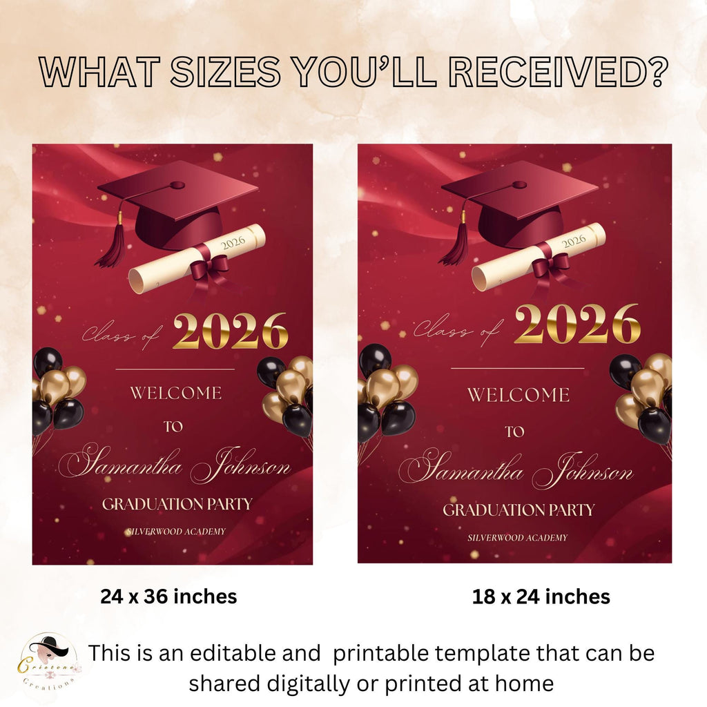 Graduation Welcome Party Sign, Maroon Woman Graduates Poster Sign, Class 2026 Men Senior Grad Announcement Commencement Entry Sign Template