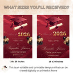 Graduation Welcome Party Sign, Maroon Woman Graduates Poster Sign, Class 2026 Men Senior Grad Announcement Commencement Entry Sign Template