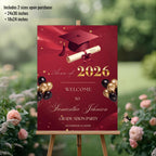 Graduation Welcome Party Sign, Maroon Woman Graduates Poster Sign, Class 2026 Men Senior Grad Announcement Commencement Entry Sign Template