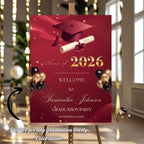 Graduation Welcome Party Sign, Maroon Woman Graduates Poster Sign, Class 2026 Men Senior Grad Announcement Commencement Entry Sign Template