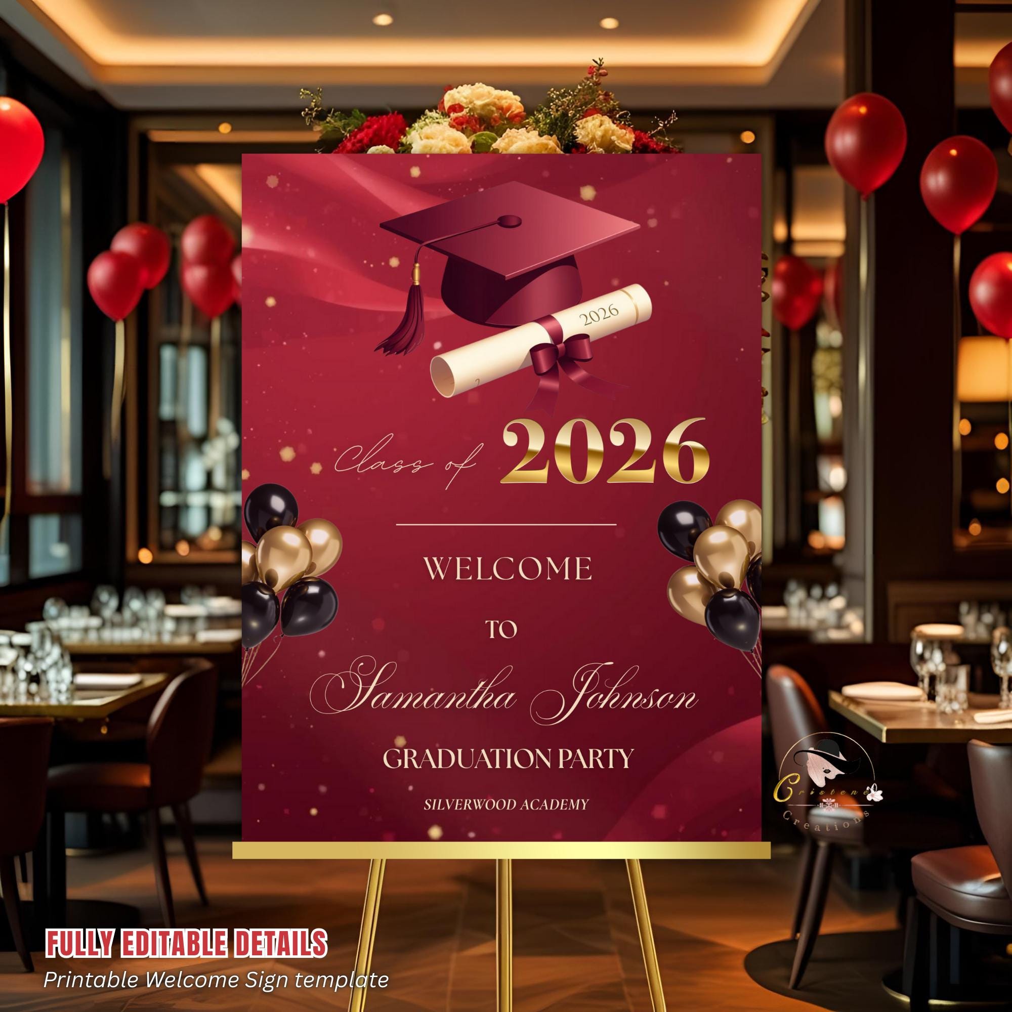 Graduation Welcome Party Sign, Maroon Woman Graduates Poster Sign, Class 2026 Men Senior Grad Announcement Commencement Entry Sign Template