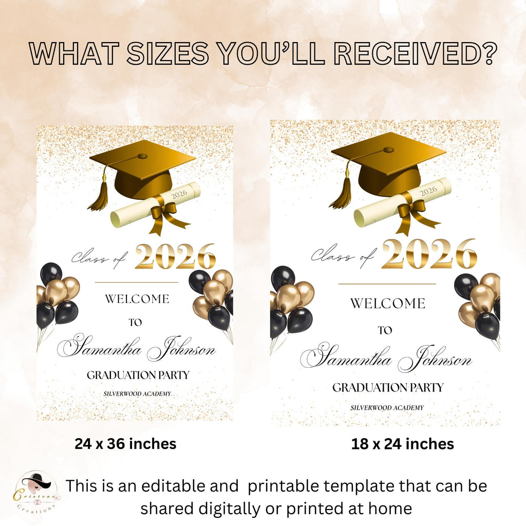 White Gold Graduation Welcome Party Sign, Woman Graduates Poster Sign, Class 2026 Men Senior Commencement Announcement Entry Sign Template