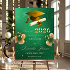 Green Gold Graduation Welcome Party Sign, Woman Graduates Poster Sign, Class 2026 Men Senior Commencement Announcement Entry Sign Template