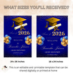 Blue Gold Graduation Welcome Party Sign, Woman Graduates Poster Sign, Class 2026 Men Senior Grad Announcement Dinner Entry Sign Template