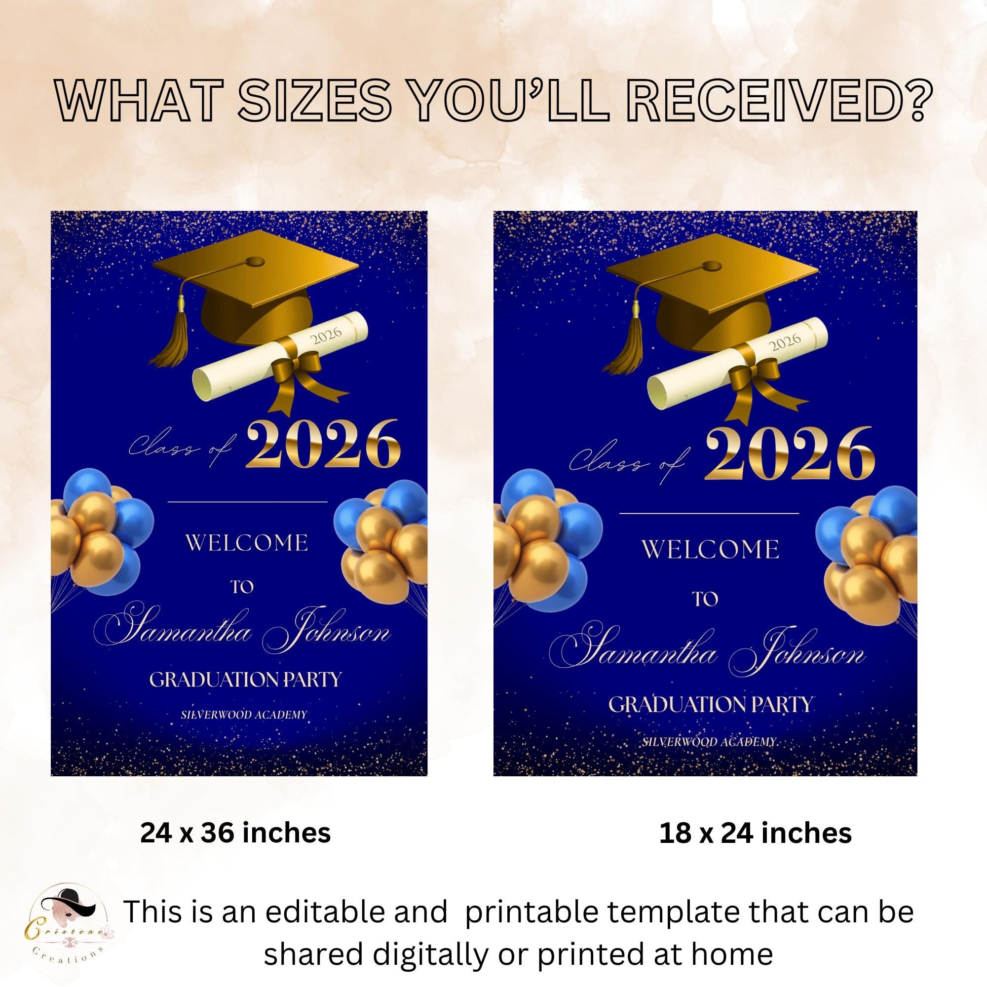 Blue Gold Graduation Welcome Party Sign, Woman Graduates Poster Sign, Class 2026 Men Senior Grad Announcement Dinner Entry Sign Template