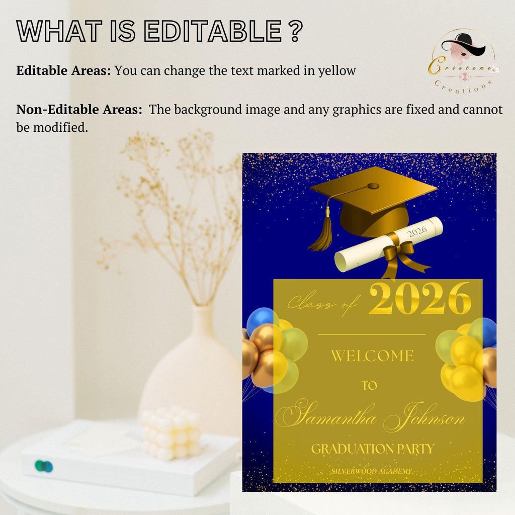 Blue Gold Graduation Welcome Party Sign, Woman Graduates Poster Sign, Class 2026 Men Senior Grad Announcement Dinner Entry Sign Template