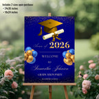 Blue Gold Graduation Welcome Party Sign, Woman Graduates Poster Sign, Class 2026 Men Senior Grad Announcement Dinner Entry Sign Template