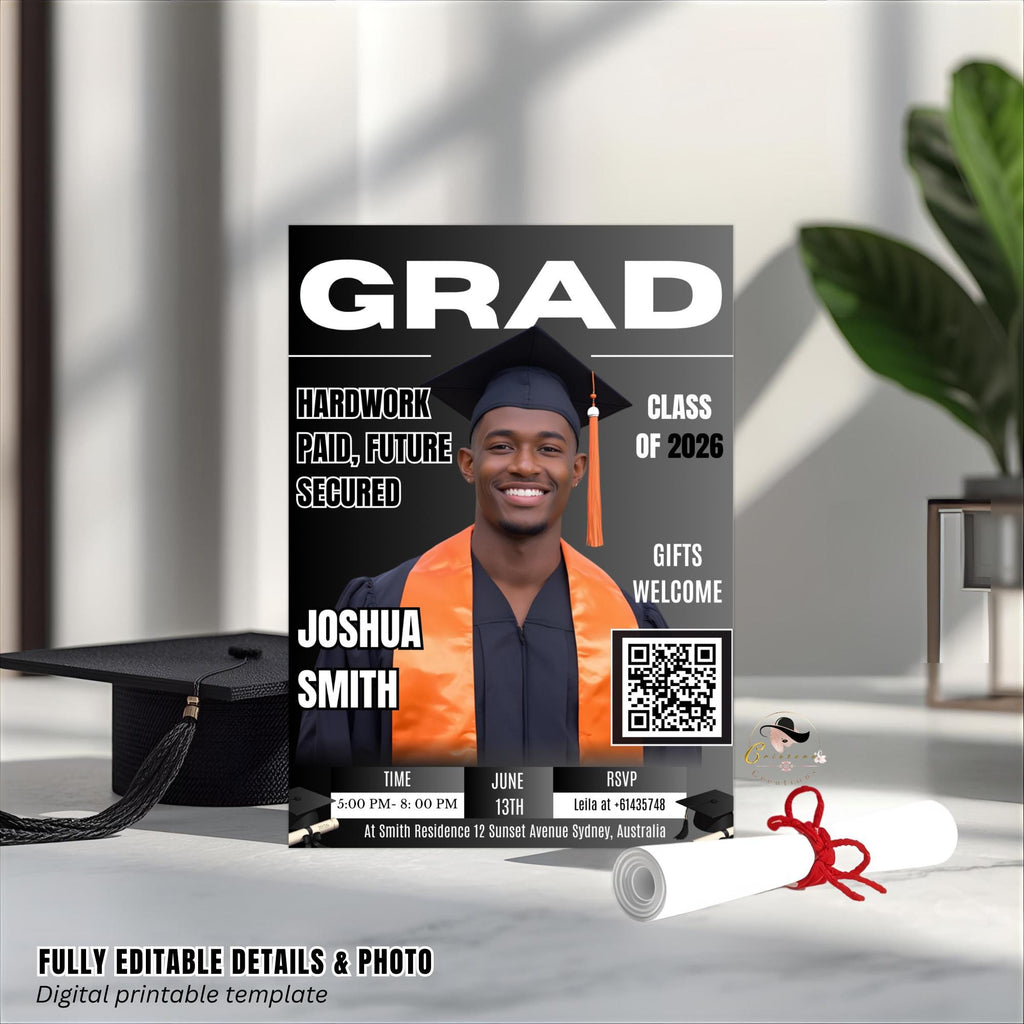 Black Silver Graduation Announcement Invitation, Boy Senior Grad Party Invite with photo, Male College Graduate Magazine Cover Template