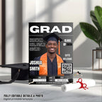 Black Silver Graduation Announcement Invitation, Boy Senior Grad Party Invite with photo, Male College Graduate Magazine Cover Template