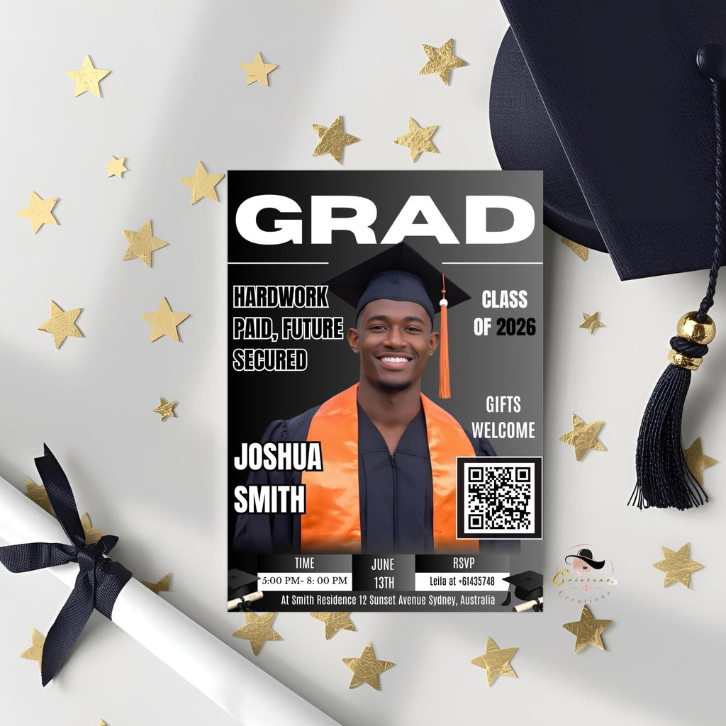 Black Silver Graduation Announcement Invitation, Boy Senior Grad Party Invite with photo, Male College Graduate Magazine Cover Template