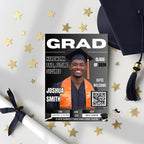 Black Silver Graduation Announcement Invitation, Boy Senior Grad Party Invite with photo, Male College Graduate Magazine Cover Template