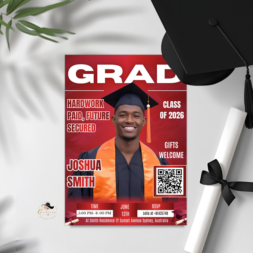 Red Graduation Announcement Invitation, Boy Senior Grad Party Invite with photo, Male College Graduate with QR Code Magazine Cover Template