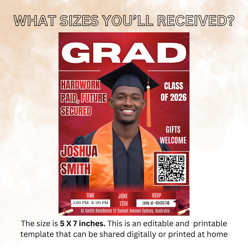 Red Graduation Announcement Invitation, Boy Senior Grad Party Invite with photo, Male College Graduate with QR Code Magazine Cover Template