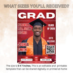 Red Graduation Announcement Invitation, Boy Senior Grad Party Invite with photo, Male College Graduate with QR Code Magazine Cover Template