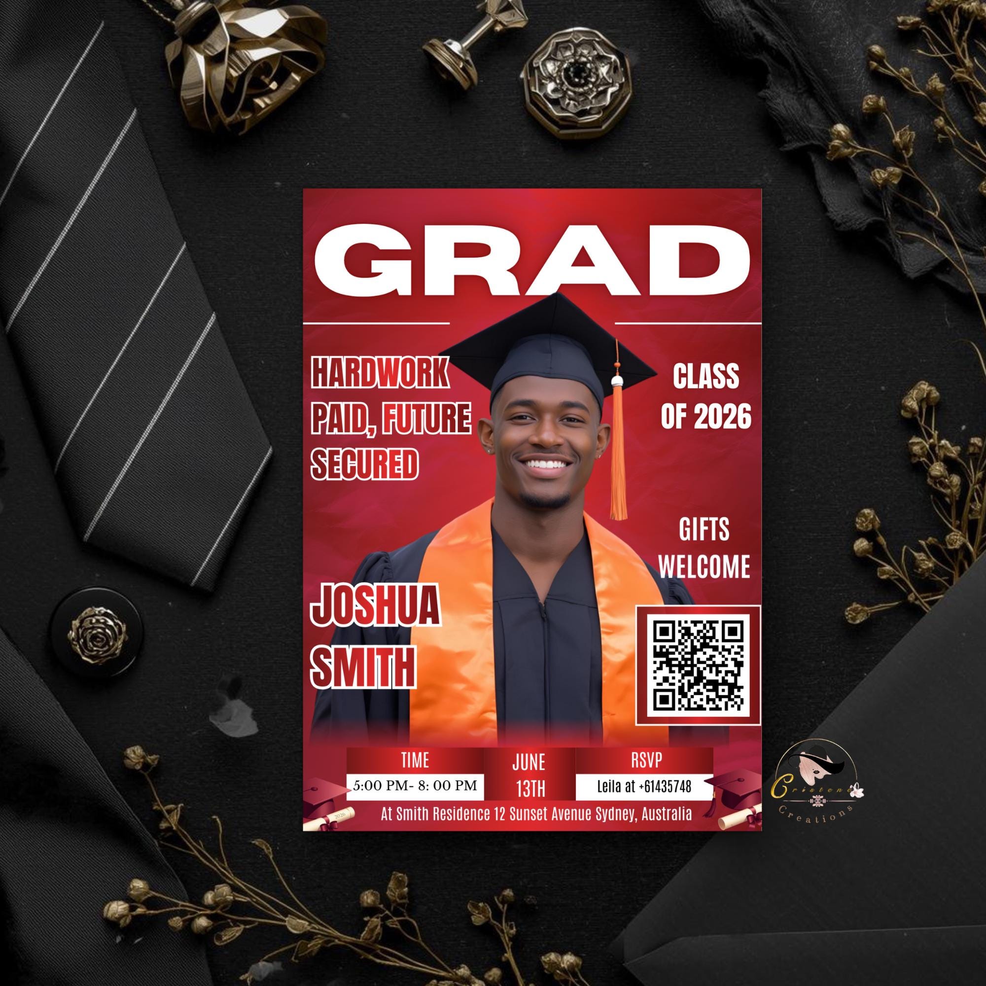 Red Graduation Announcement Invitation, Boy Senior Grad Party Invite with photo, Male College Graduate with QR Code Magazine Cover Template
