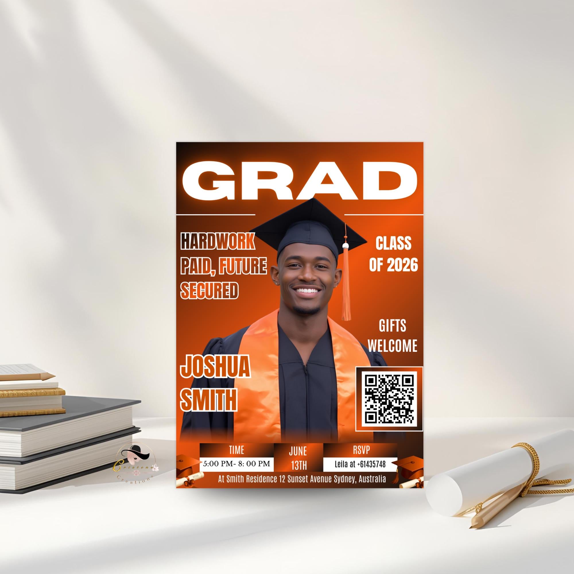 Orange Graduation Party Invitation, Boy Senior Grad Announcement Invite with photo, Male College Graduate Magazine Cover, QR Code Template