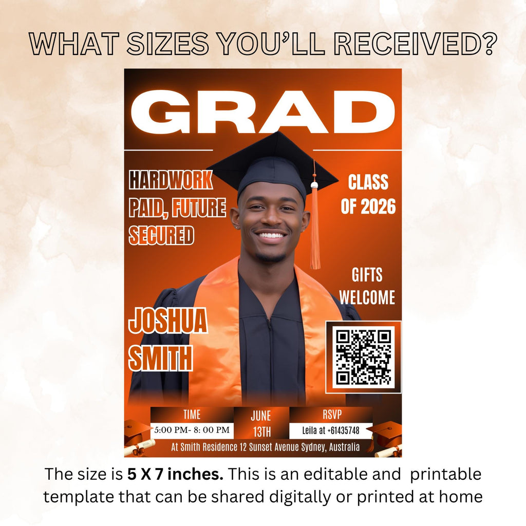 Orange Graduation Party Invitation, Boy Senior Grad Announcement Invite with photo, Male College Graduate Magazine Cover, QR Code Template