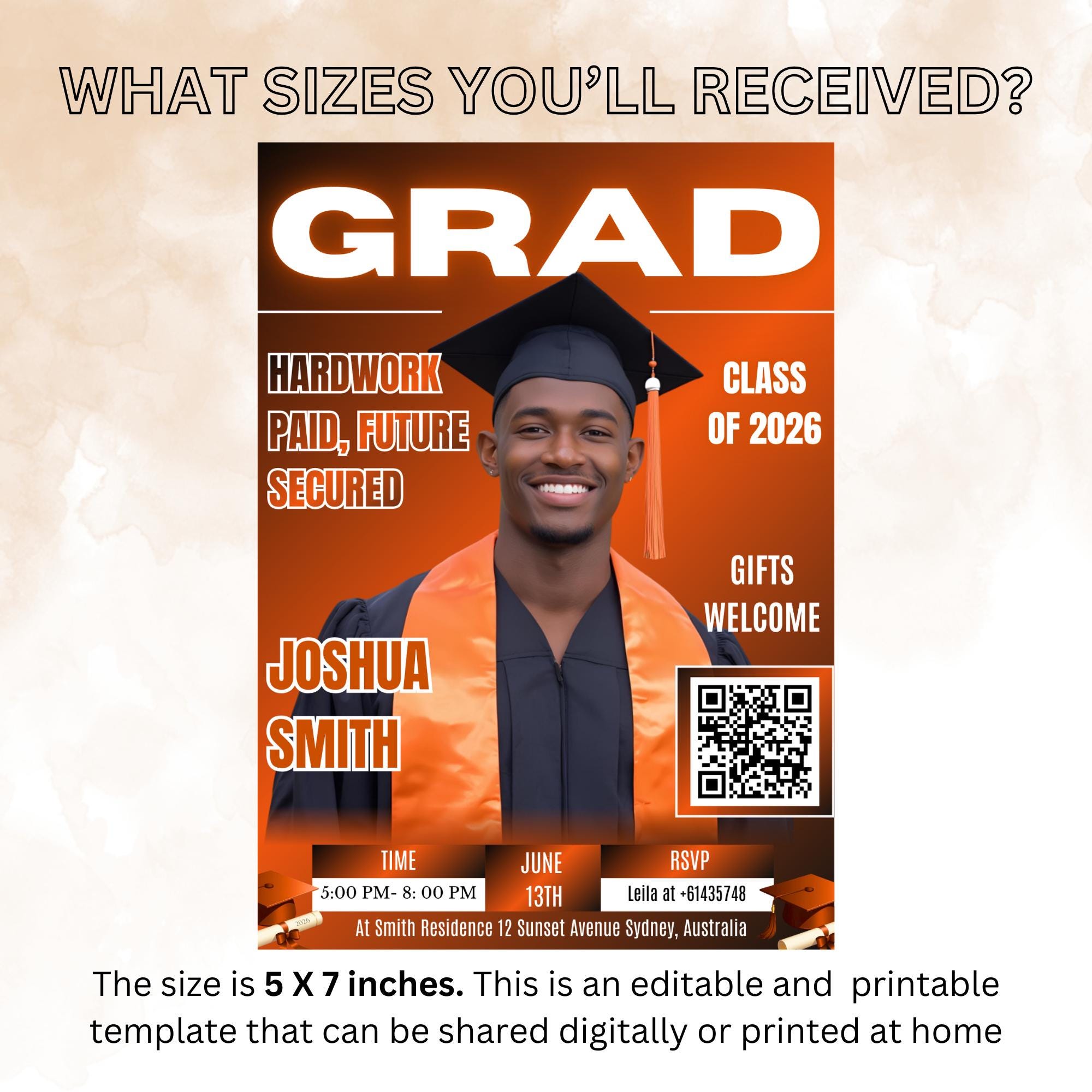 Orange Graduation Party Invitation, Boy Senior Grad Announcement Invite with photo, Male College Graduate Magazine Cover, QR Code Template
