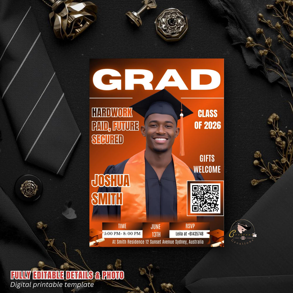 Orange Graduation Party Invitation, Boy Senior Grad Announcement Invite with photo, Male College Graduate Magazine Cover, QR Code Template