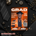 Orange Graduation Party Invitation, Boy Senior Grad Announcement Invite with photo, Male College Graduate Magazine Cover, QR Code Template