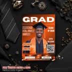 Orange Graduation Party Invitation, Boy Senior Grad Announcement Invite with photo, Male College Graduate Magazine Cover, QR Code Template