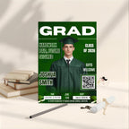 Green Graduation Party Invitation, Boy Senior Grad Announcement Invite with photo, Male College Graduate Magazine Cover, QR Code Template