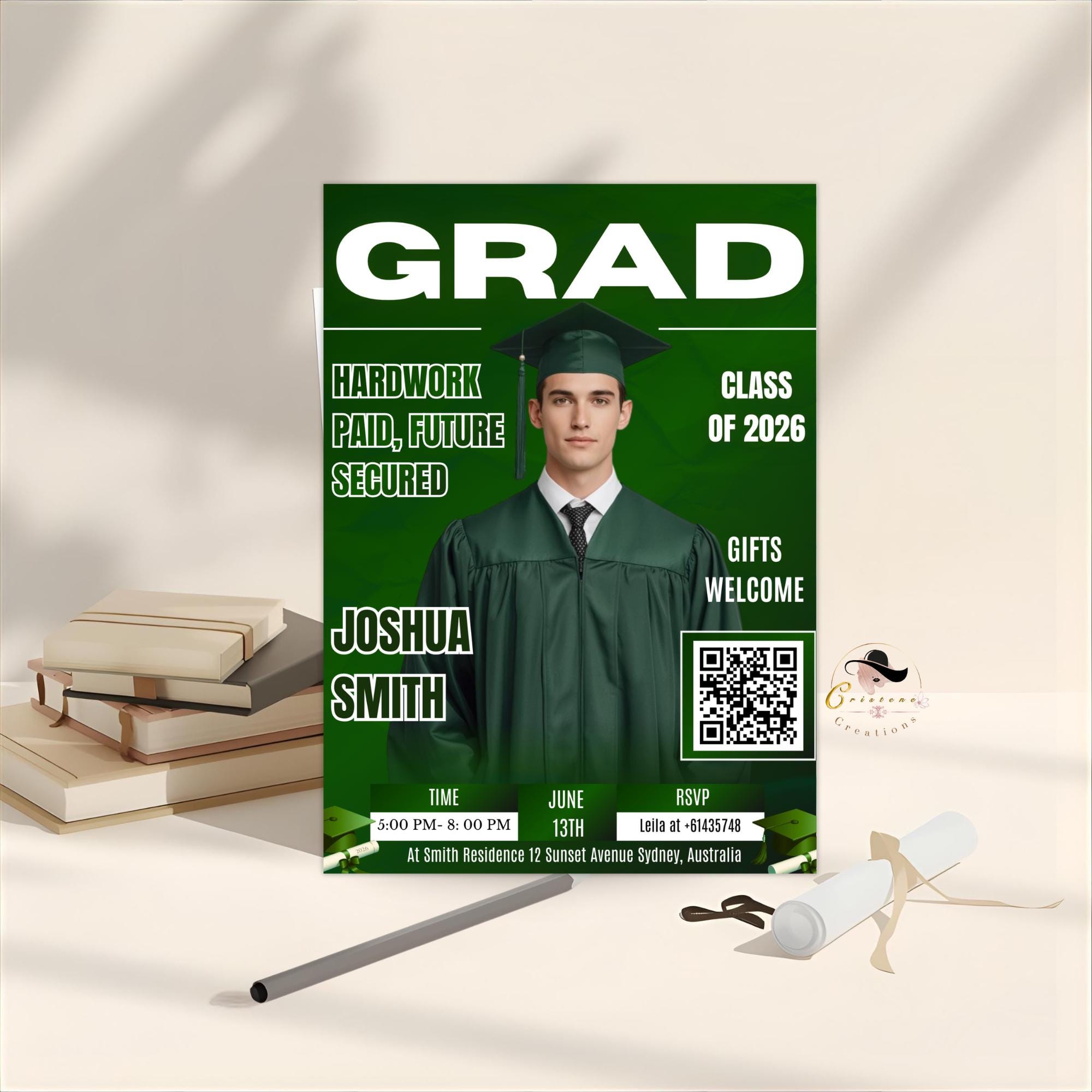 Green Graduation Party Invitation, Boy Senior Grad Announcement Invite with photo, Male College Graduate Magazine Cover, QR Code Template