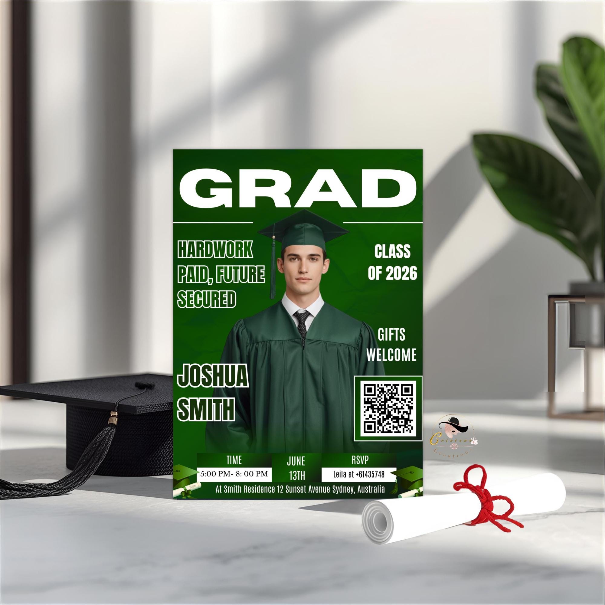 Green Graduation Party Invitation, Boy Senior Grad Announcement Invite with photo, Male College Graduate Magazine Cover, QR Code Template