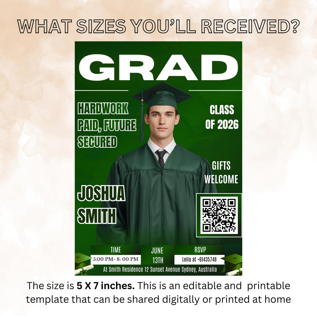 Green Graduation Party Invitation, Boy Senior Grad Announcement Invite with photo, Male College Graduate Magazine Cover, QR Code Template