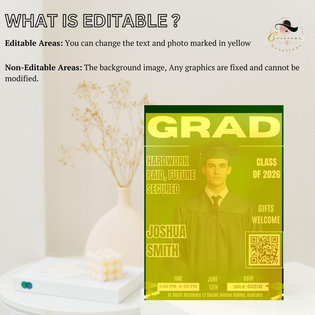 Green Graduation Party Invitation, Boy Senior Grad Announcement Invite with photo, Male College Graduate Magazine Cover, QR Code Template