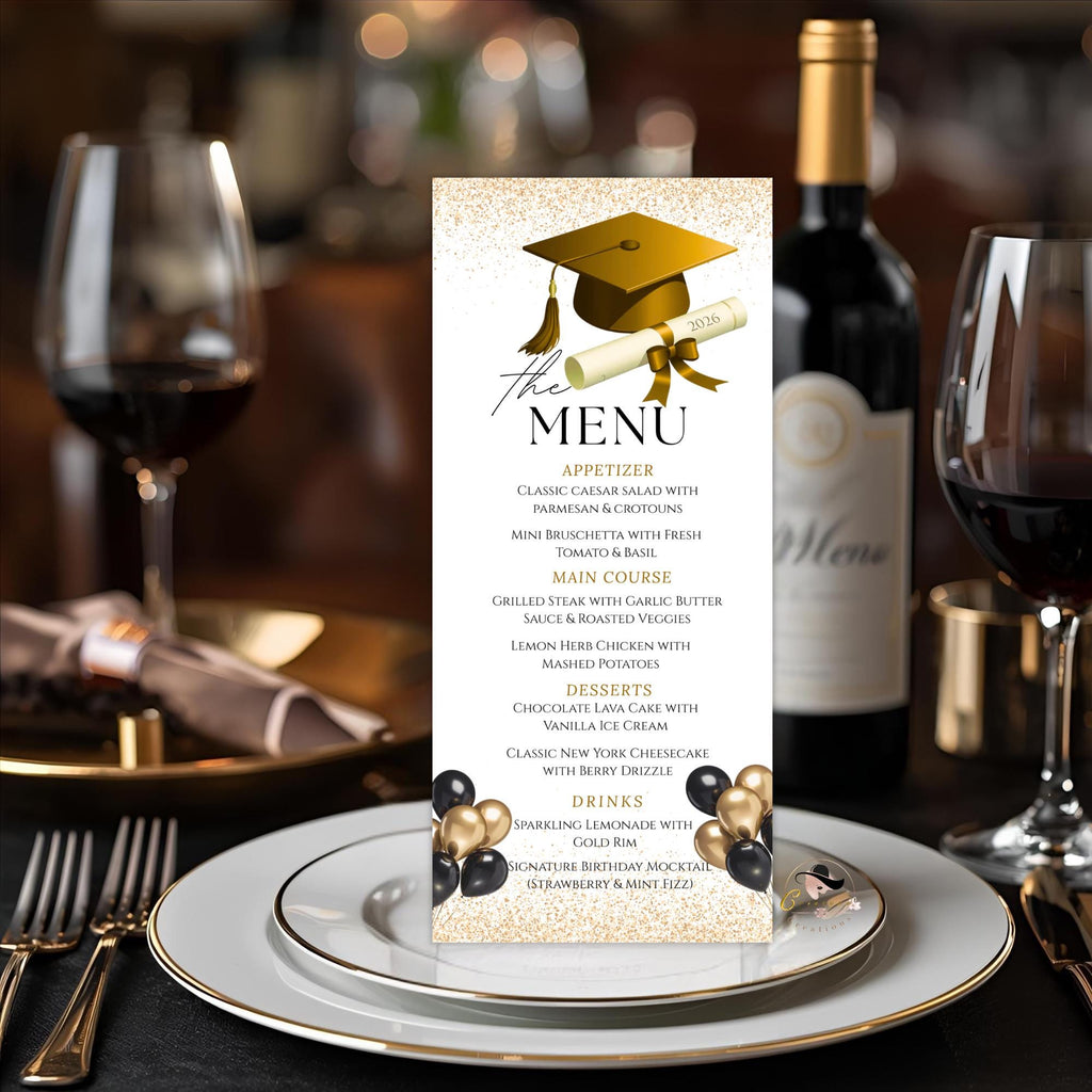 Graduation Party Menu, White Gold Senior Grad Dinner Menu, Commencement Menu, Class 2026 College Graduates Brunch Menu Printable Template