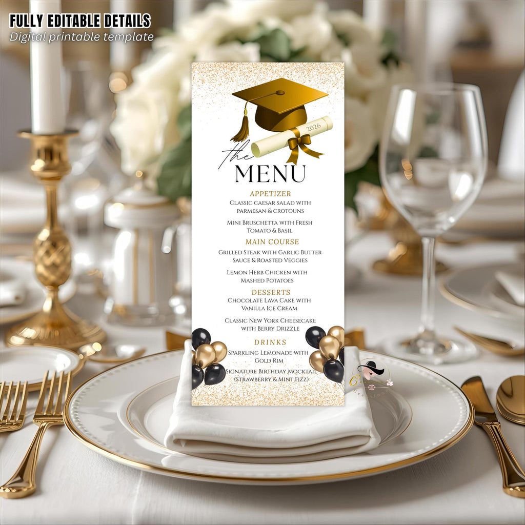 Graduation Party Menu, White Gold Senior Grad Dinner Menu, Commencement Menu, Class 2026 College Graduates Brunch Menu Printable Template