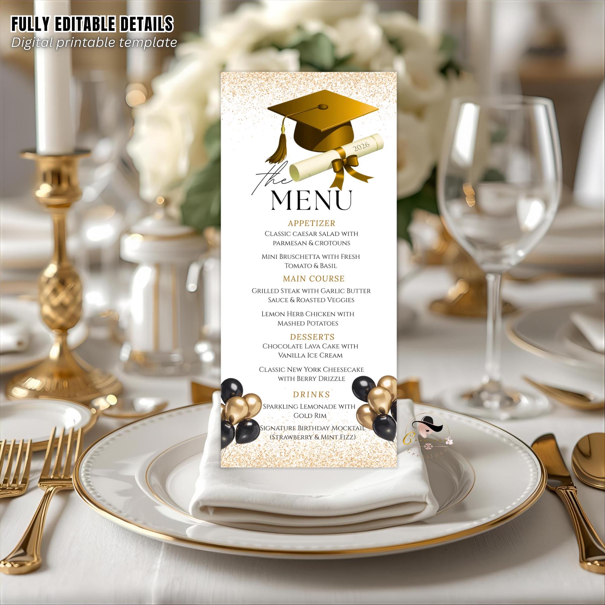 Graduation Party Menu, White Gold Senior Grad Dinner Menu, Commencement Menu, Class 2026 College Graduates Brunch Menu Printable Template