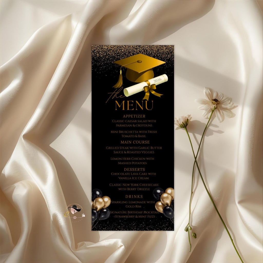 Black Gold Graduation Dinner Menu, Senior Grad Party Menu, Commencement Menu, Class 2026 University Graduates Brunch Menu Printable Template
