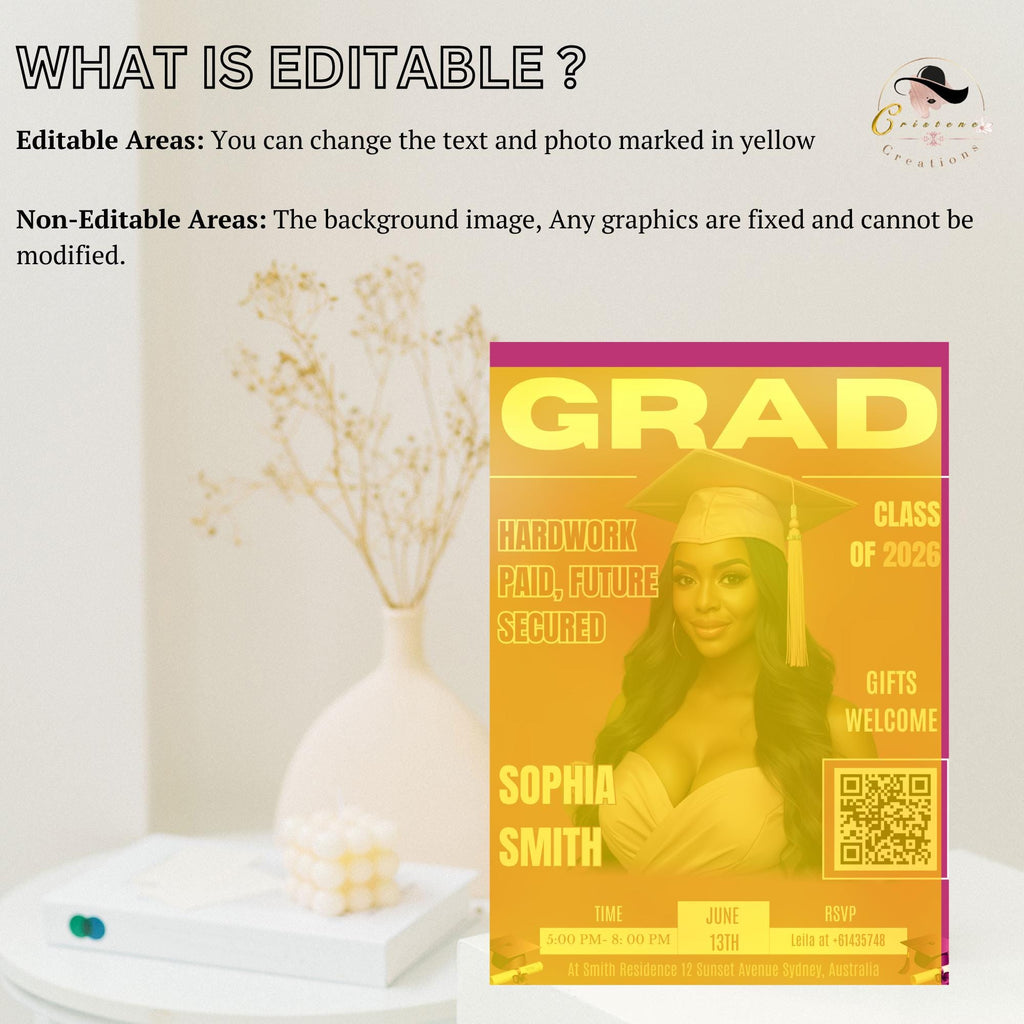 Pink Graduation Announcement Invitation, Senior Grad Party Invite with photo, Female College Graduate with QR Code Magazine Cover Template