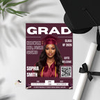Graduation Announcement Invitation, Woman Senior Grad Party Invite with photo, Female College Graduates with QR Code Magazine Cover Template