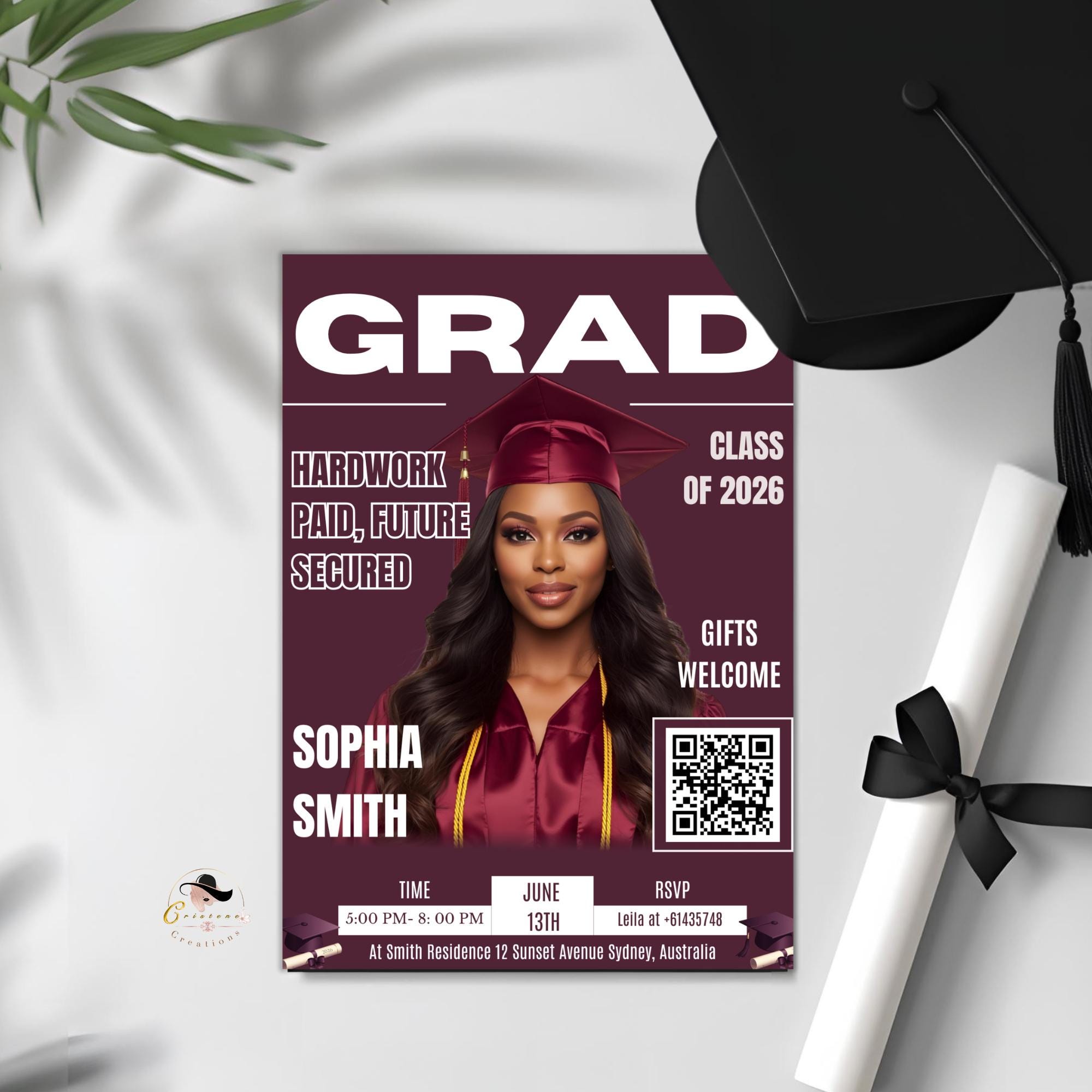 Graduation Announcement Invitation, Woman Senior Grad Party Invite with photo, Female College Graduates with QR Code Magazine Cover Template