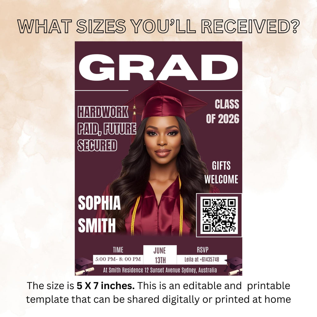 Graduation Announcement Invitation, Woman Senior Grad Party Invite with photo, Female College Graduates with QR Code Magazine Cover Template