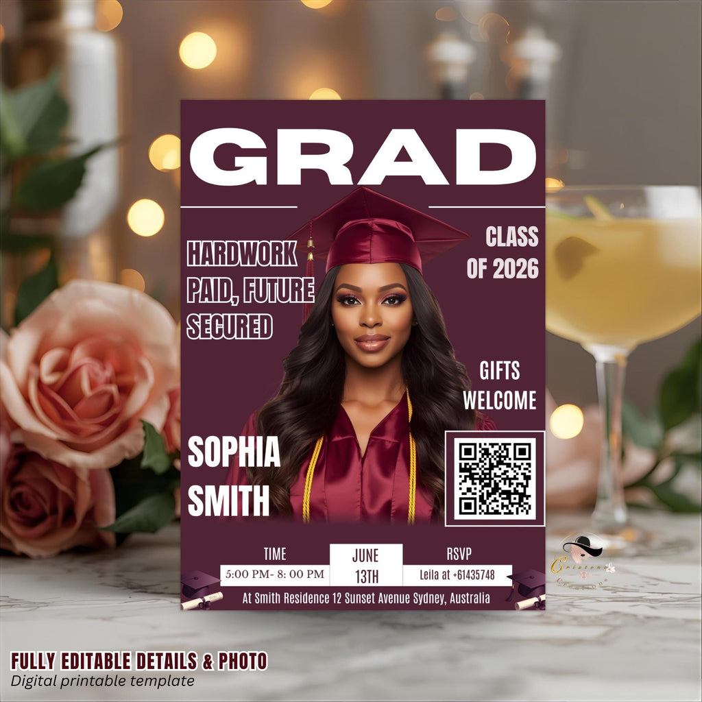 Graduation Announcement Invitation, Woman Senior Grad Party Invite with photo, Female College Graduates with QR Code Magazine Cover Template
